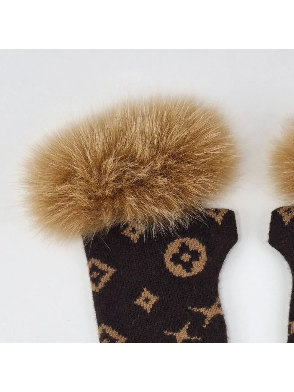 Mitchie's Matchings Monogram Brown Knit Fingerless Gloves Real Fur Trim